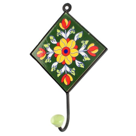 Forest Green Flower Ceramic Tile Wall Hook